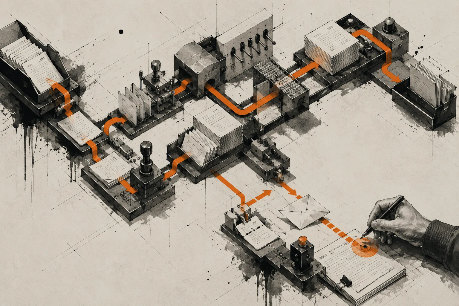 Grafische Workflow-Automation: wiederkehrende Schritte im Fluss, menschliche Freigabe am Ende