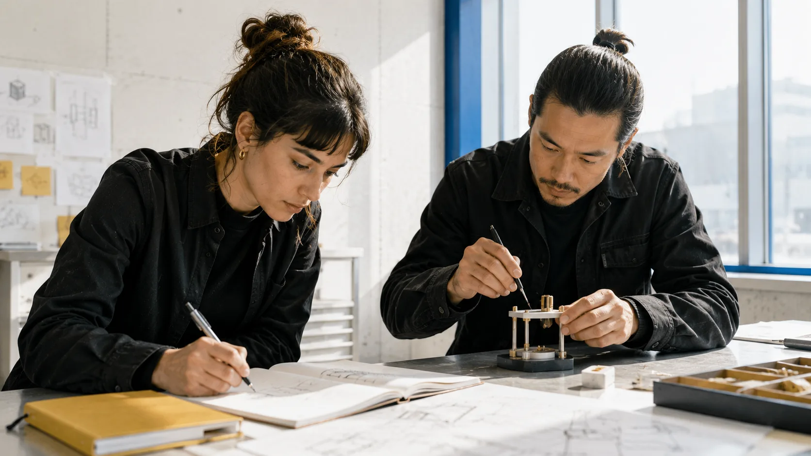 Zwei Menschen zeichnen und untersuchen ein mechanisches Modell an einem Arbeitstisch.