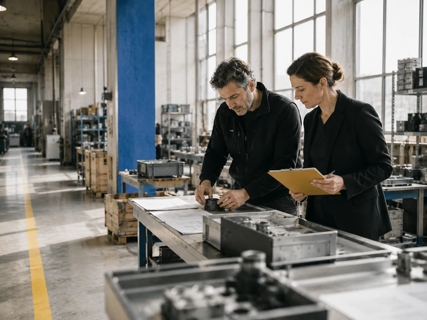 Zwei Menschen prüfen ein Bauteil in einer Produktionshalle.