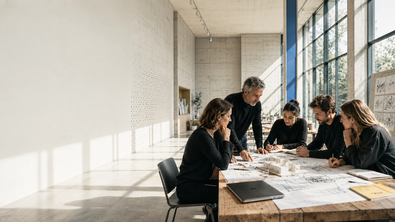 Menschen arbeiten gemeinsam an Plänen und einem Modell in einem hellen Atelier.