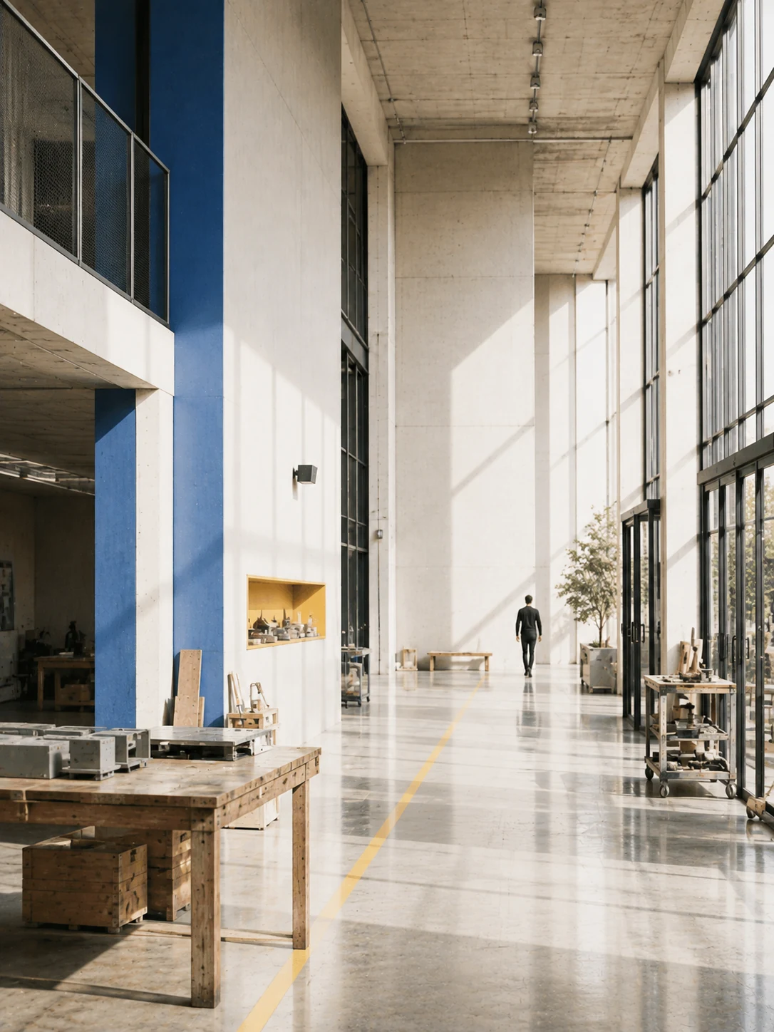 Eine hohe Industriehalle mit Licht, Arbeitstischen und einer Person, die den Raum durchquert.